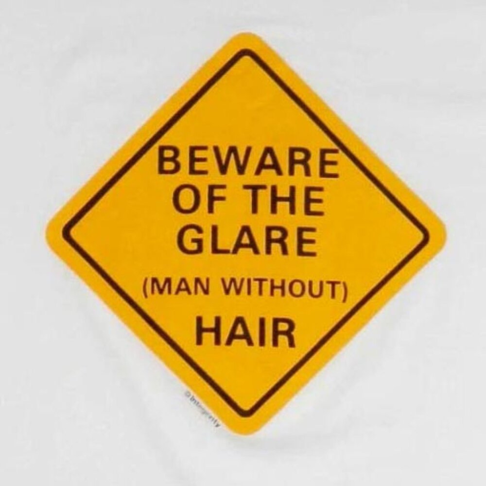 Vtg 90s L Novelty Gag Gift T-Shirt Beware of Glare Man w/o Hair Bald Aging B-Day